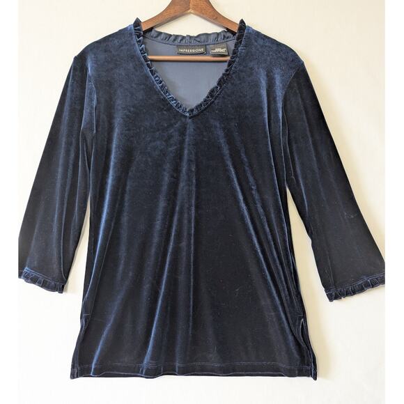 Impressions Y2K Whimsigoth Velvet Blue Jewel Tone Ruffle Trim V Neck Top Size S‎ - Picture 1 of 8